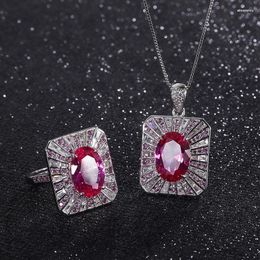 Necklace Earrings Set Vintage 10 14MM Ruby Rings Lab Gemstone Pendant Wedding Party Gift For Girlfriend Accessories Wholesale