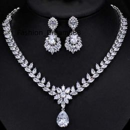 Luxury silver 925 AAA cubic zirconia jewelry set bridal wedding water drop dangle stud earrings pendant choker necklace set