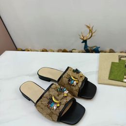 Designer women's slide with double letter slipper Black Beige ebony diagonal matelasse leather sandal luxury women flat shoes 08