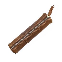 Bags 100% Genuine Leather Zipper Pen Pencil Bag Handmade Vintage Retro Style Creative Trinodal Model School Stationary Product