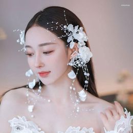 Hair Clips Bride's Headdress Korean-style Fairy-beautiful Beaded Head Flower Sweet Earring Knot Wedding Accessories.