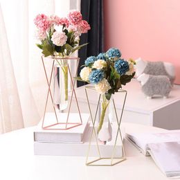 Vases Nordic Geometric Vase Light Luxury Metal Iron Art Living Room Flower Arrangement Creative Home Glass Rack Decoration