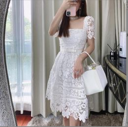 AUTH S-elf Portrait 3D floral lace short sleeve square neck blue long dress Cocktail dress