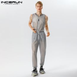 Men's Jeans 2023 Men Jumpsuits Mesh Transparent Zipper Oneck Sleeveless Drawstring Rompers Streetwear Sexy Fashion Male Overalls INCERUN 230628