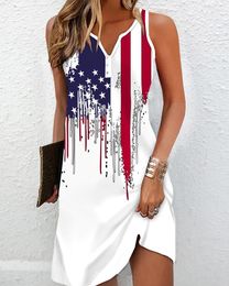 Casual Dresses 2023 Fashion Women Independence Day Flag Print Notch Neck Dress V Daily Wear Sexy Robes Pullover Shirt