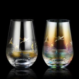 Chinese Style Collection Grade Crystal Wine Glass Gold Silver Burning Crane Gradient Water Tea Cup Air Beer Mug Whisky Tumbler L230620
