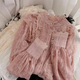 Women's Blouses 20 Spring Women Pink Lace Blouse Sweety Girl Mesh Shirt Lantern Sleeve Turtleneck Blousas Basic Tops Outwear Bottomings 1308