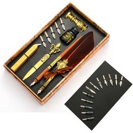 Pens Vintage Quill Feather Dip Pen Fountain Writing Ink 5 Nibs Seal Wax Gift Box Calligraphy Stationery School Supplies