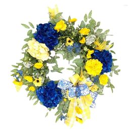 Decorative Flowers Theme Wreath Simulated Flower Sunflower Ribbon Bow-Knot Decor Hanging Garland For Wall Home Ornament Supply