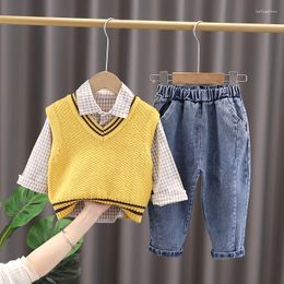 Clothing Sets Spring Born Baby Boy Clothes Outfits Plaid Shirt Knitted Vest Jeans Suit For Cloth 1st Birthday Boys