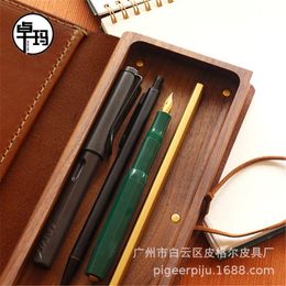 Bags Creative Men's and Women's Leather with Peach Beech Wood Crazy Horse Leather Pencil Gift Retro Cowhide Wooden Box Pencil Case