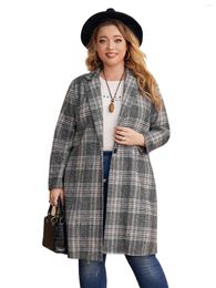 Outerwear Plus Plaid Lapel Neck Single Button Overcoat E15M#