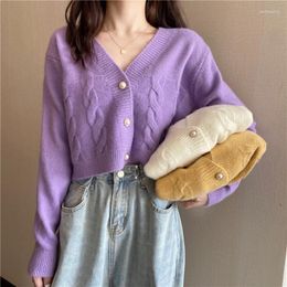 Women's Knits Pearl Buttons Sweater Jacket Women Autumn Cropped V-neck Twist Lady Knitwear 2023 Purple Korean Style Lovely Loose Knit