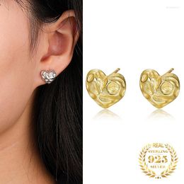 Stud Earrings Women Fashion Jewelry 2023 18K Gold Plated Hammered Heart Shape 925 Silver Real