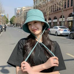 New Summer Spring Japanese Tie Bucket Hat Women's Korean-style Big Eave Fisherman Foldable UV Cotton Linen Beach Strap Sun Hat