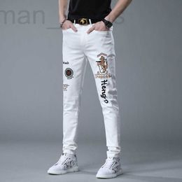 Men's Jeans designer High end European youth straight fitting mid high waisted washed elastic cotton casual hot stamping white denim pants for men 3N7L