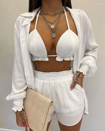 Women's Sleepwear Lantern Sleeve Shirt & Pocket Design Shorts Sets With Frill Hem Crop Top Women's And Sexy Outfits For Woman Suit