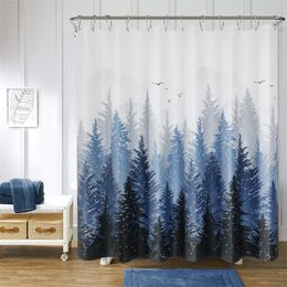 Shower Curtains Tree Leaves Blue Curtain Print Geometric Long Liner Bathroom Decor Forest Bath with Hooks 230628