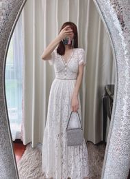 Auth S-elf Portrait White V-neck Hollow Lace Elegant Dress Short Sleeve Long Dress Delivery Waist Chain