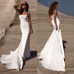 Strapless Pleated Satin Mermaid Wedding Dress With Sweep Train