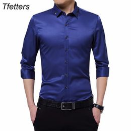 Men's Dress Shirts TFETTERS Brand Silky Formal Shirt Men Classic Business Long Sleeve Solid Colour Embroidery Collar Slim Fit Shirt Brand-clothing 230628