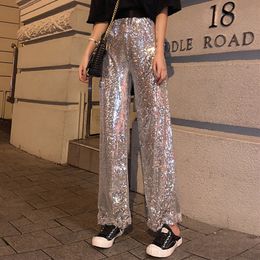 Women s Jean Sequin Trousers Fashion Hong Kong Style Casual Wide Leg Pants High Waist Show Thin Buling Trend Female s 230628