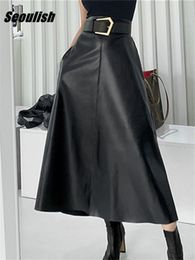 Skirts Seoulish Classic Black Faux PU Leather Long Skirts with Belted High Waist Umbrella Skirts Ladies Female Autumn Winter 230628