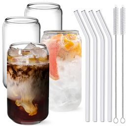Mugs Drinking Glasses with Glass Straw 4 Sets Can Shaped Beer Cup Iced Coffee for Whiskey Soda Tea Cocktail Drinkware 230627