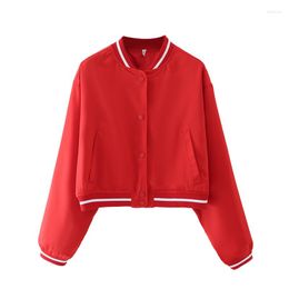Women's Jackets ZXQJ Women 2023 Fashion Ribbed Trim Baseball Jacket Vintage Small Stand Collar Long Sleeve Pockets Female Coat Mujer