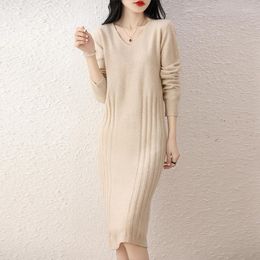 Casual Dresses European And American Trend Wool Dress Sweater Women's Knitted Long Loose Pullover V-Neck Pure