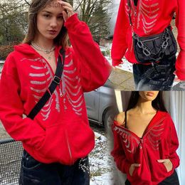 Women's Hoodies Sweatshirts Zip Up Gothic Red Hoodie Y2k Autumn Women's Rhinestone Skull Casual Oversized Sweatshirt Punk E-girl Harajuku Long Sleeve Jacket T23628