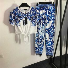 Womens Vintage Floral Print Two-piece Pant Crew Neck Tie Knot Short Sleeve T-shirt Elasticated Waist Casual Pants Fashion Sexy Designer Women Clothing 55