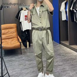 Men's Jeans Men Jumpsuits Solid Short Sleeve Pockets Fashion Design Rompers With Belt Spring Summer Streetwear Casual Cargo Overalls Clothes 230628