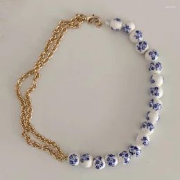 Choker Handmade Colour Printing Beaded Metal Charm Chain Lady Short Necklace Neck Accessory Exquisite Chinese Style Blue Flower Ceramic