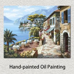 Landscapes Paintings Mediterranean Overlook Cafe Hand Painted Canvas Art Oil Painting for Hotel Bar Pub Hall Wall Decor