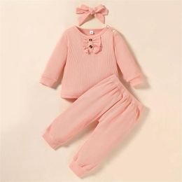 Clothing Sets Born Infant Baby Girls Long Sleeve Solid Blouse Tops Cotton Pants Trousers With Headbands Clothe Pant 7 Outfit