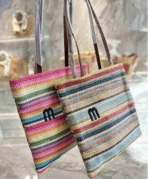 Summer Rainbow Letters Embroidery Straw Woven Woven Beach Bags Shoulder Chain Bag Clutch Flap Totes Lady High Capacity Shopping Handbag Multi Style