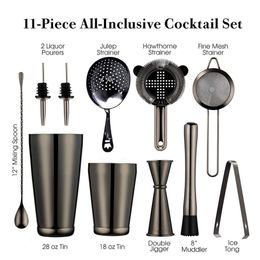 Bar Tools Cocktail Shaker Set 2 Weighted Boston Shakers Strainer Jigger Muddler and Spoon Ice Tong Bottle Pourer 230627