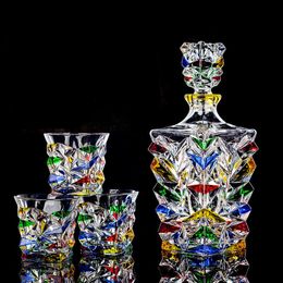 Bar Tools Italian Craft Colourful Hand painted Wine Jug Relief Carving Whisky Glass Decanter Lead free Crystal Bottle Set 1000ML 230628