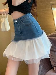 Skirts Chic Retro Patchwork Mesh Denim Women High Waist A-Line Summer Girls Above Knee Mini Blue Black Saia Mujer