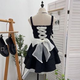 Casual Dresses Bow Strap Dress For Women Waistband Puffy Cake Short Mini 2023 Fashion French Black