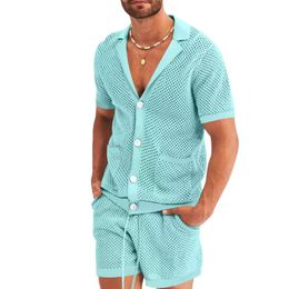 New Men's Summer Shirt Suit Casual Breathable Solid Color Short Sleeve Shirt Beach Shorts Fashion Hollow Men Mesh Set