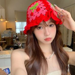 2023 Summer New Women Crochet Hand Made Hollow Knitted Fisherman Hats Casual Knit Hats Cherry Red Pink Bucket Hat Cap