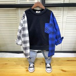 T shirts Spring Boys Hoodie Plaid Cotton Kids Clothing Long Sleeve Casual Patchwork Girls 4 5 6 7 8 9 10 11 12 13 14 Years 230627