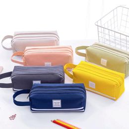 Portable Canvas Pencil Case School Supplies Storage Bag Double Layer Student Pen Cute Stationery