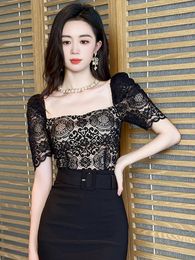 Women's T Shirts 2023 Fashion Elegant Black Red Blouse Hook Floral Hollow Women Tops Sweet Outfits Sheer Lace Sexy T-Shirts Tees Party