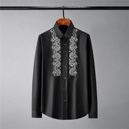 New 100% Cotton Male Shirts Luxury Long Sleeve Court Style Gold Embroidery Mens Dress Shirts Slim Fit Party Man Shirts 2XL