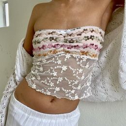 Women's Tanks 2000s Retro Sweet Girl Backless Tube Tops Y2K Fairycore Floral Mesh Sheer Crop Vintage Cute Bow Strapless Camis Clothes