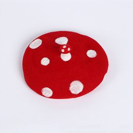 Women Kids Novelty Cute Small Mushroom Red Beret Handmade Faux Felt Wool White Point Vintage Painter Beanie Hat