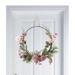 Decorative Flowers Spring Wreath Pink Purple Orchid Chrysanthemum Dandelion Gypsophila Hoop 41cm/16inch Round Door Hanger For Summer